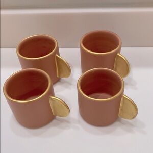 RARE 4 Terra Cotta Pottery Expresso Cups/Mugs with Gold Painted Trim & Handles